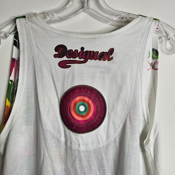 Desigual White Floral Sleeveless Asymmetrical Top Size XL - Picture 6 of 9